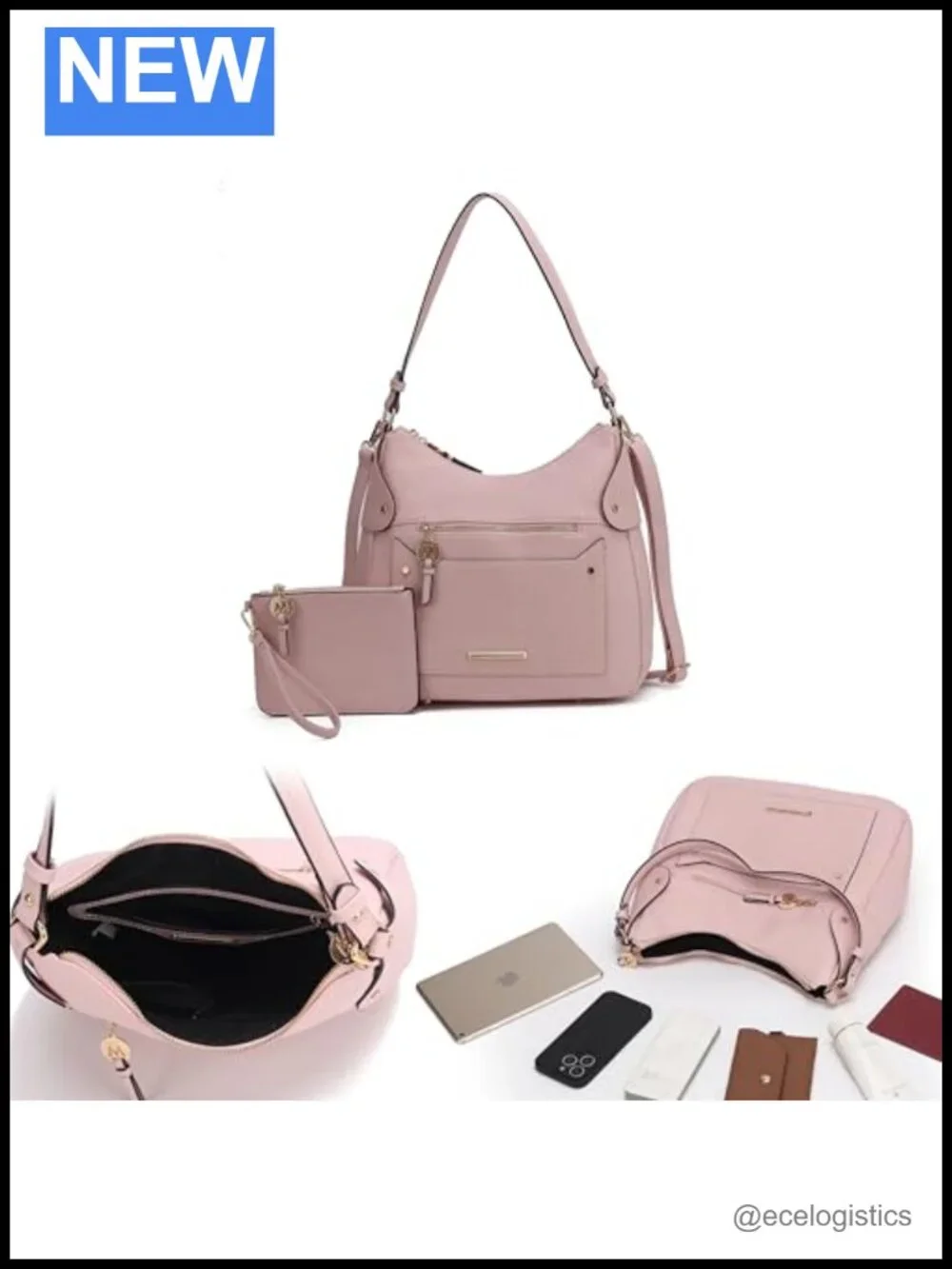 Vegan Leather Shoulder Bag Tote with Wristlet Pouch Set